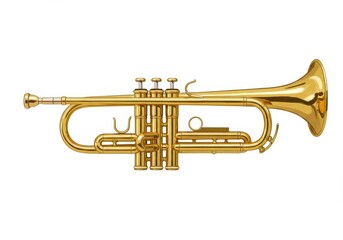 A shiny gold trumpet isolated on a white background with valves and tubing clearly visible detail