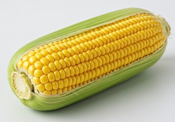 A close up shot of a single ear of corn with green husk on a white surface in a studio setting