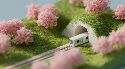 A world expressed in miniature. A miniature landscape. A train passing through cherry blossoms. AI generated.