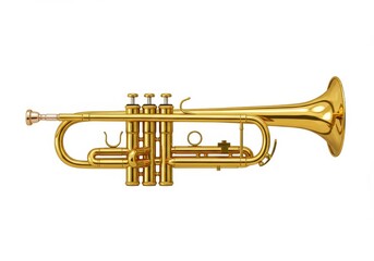 A shiny golden trumpet isolated on a white background showcasing its intricate details and design elements