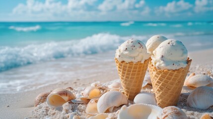 Delicious ice cream cones on a sandy beach by the ocean