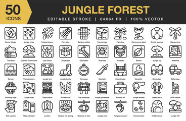 Jungle Forest icon set. Editable Stroke Icon Collection. Includes tree, jungle, nature, green, rainforest, leaf, and More. Outline icons vector collection.