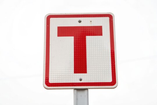 A red and white T-intersection road sign indicating the end of a street against a bright sky background.