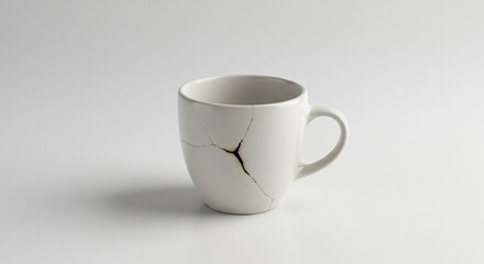 Fototapeta premium A cracked ceramic mug, with visible lines across the surface, sits against a plain white backdrop in a studio setting.
