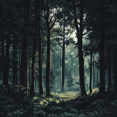 Fototapeta premium A serene forest path with sunlight filtering through the trees, surrounded by lush greenery and small white flowers