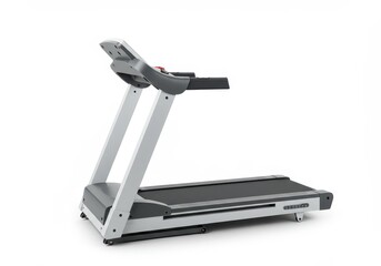 Isolated treadmill with gray and white color scheme on a plain white background in a studio shot