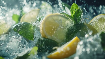 Refreshing lemon and mint slices in ice water