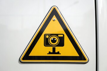Fototapeta premium A yellow warning sign with a camera symbol, indicating surveillance or speed camera in the area.
