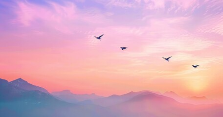 four birds flying over purple and blue mountain range during colorful sunrise with pink and orange sky creating a calm and peaceful atmosphere