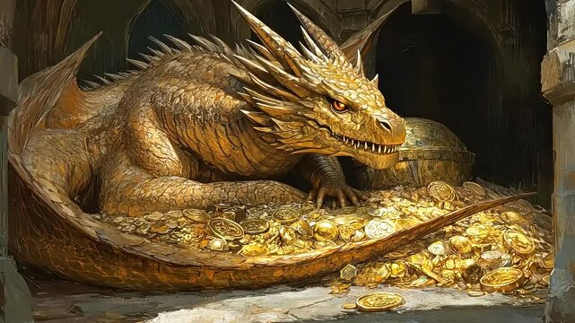 Golden Dragon Guarding Hoard of Gold Coins in Dark Dungeon Scene