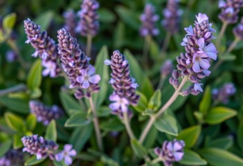 A single lavender plant, vibrant purple flowers, lush green leaves, purple, summer