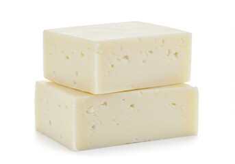 A close up of two stacked cubes of white cheese against a plain white background in bright light