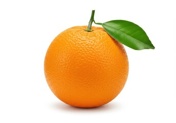 A single orange with a green leaf attached to the stem on a white background in a studio shot