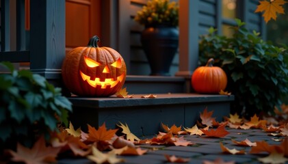 Obraz premium A spooky carved pumpkin lighting up the porch steps covered in autumn leaves, fall, autumn, porch