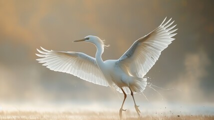 Obraz premium Elegant white egret taking flight in a serene wetland environment