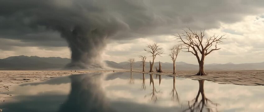 A tornado spins violently across a desolate landscape with leafless trees reflected in shallow floodwater, captured in a handheld tracking shot with dramatic low clouds