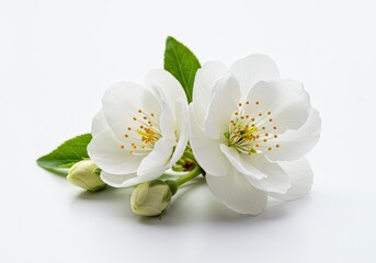 Fototapeta premium A close up of two white blossoms with yellow centers and green leaves on a white background space