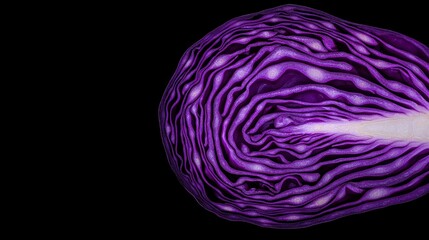 Obraz premium A close-up shot of a sliced purple cabbage showing intricate layers against a black background.