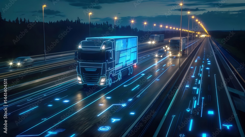 Aufkleber デジタル化されたトラックが夜の高速道路を走行 未来的な青い光とデータが光る輸送シーン