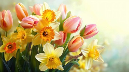 Fototapeta premium bright bouquet of yellow daffodils and soft pink tulips with green stems against a blurred light background conveying freshness and springtime warmth