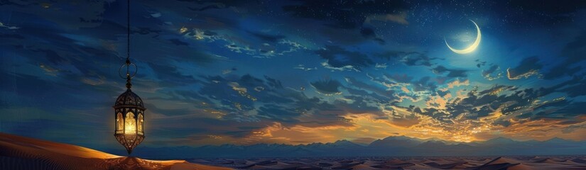ornate lantern hanging over desert sand dunes at sunset with colorful cloudy sky and crescent moon creating a peaceful and mystical atmosphere