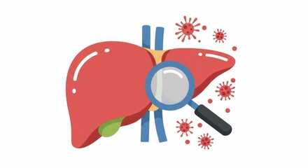 Human liver with magnifier and virus illustration on white backdrop.