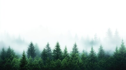 Misty forest scene. Lush green trees in a thick fog