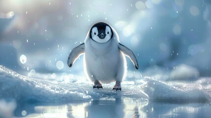 adorable baby penguin walking on icy surface surrounded by sparkling snow and bright soft lighting evoking a sense of wonder and playfulness