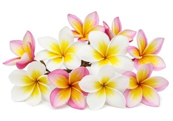 Obraz premium A cluster of plumeria flowers in shades of white pink and yellow on a white background isolated close up