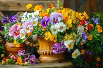 colorful vibrant bouquet of pansies and wildflowers arranged in a rustic ceramic vase on a wooden table with additional small flower pots and loose blooms creating a warm and lively garden atmosphere