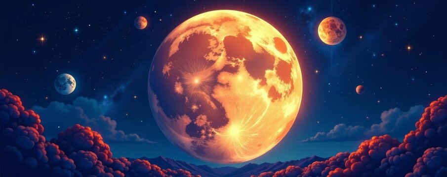 Astrology planet themed vector illustration of a full moon with zodiac signs, horoscope, symbols, illustration