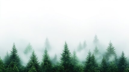 Misty forest scene with towering evergreens
