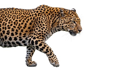 Obraz premium A sleek leopard strides across a pristine white background, showcasing its striking spotted coat and powerful feline form.