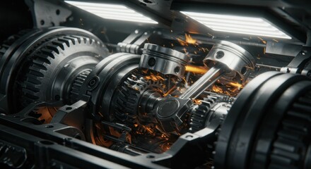 Fototapeta premium Internal view of an automotive engine with gears and sparks flying