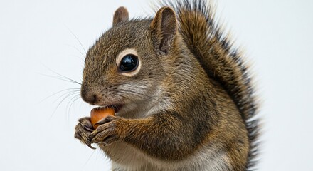 Obraz premium A squirrel is captured in a close-up portrait as it holds a small, brown nut in its paws, its eyes reflecting the light.