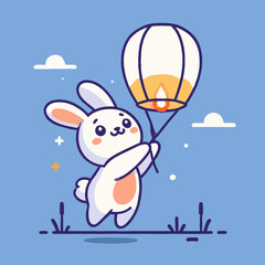 Smiling White Rabbit Holding a Glowing Lantern Against a Blue Sky Illustration