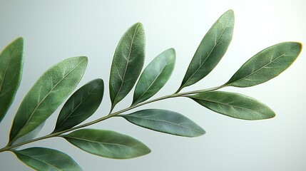 Obraz premium Olive Branch with Green Leaves Close Up on Neutral Background
