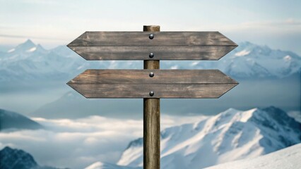 A wooden signpost with two blank arrows points in opposite directions against a backdrop of snowy mountains and a cloudy sky.