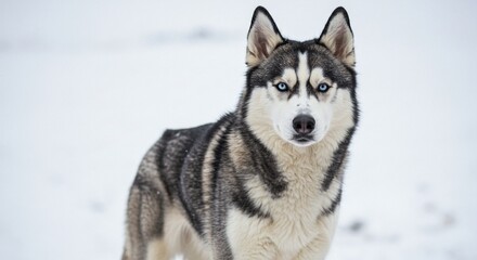 Fototapeta premium Close-up of a striking Siberian Husky dog in a snowy landscape, showcasing its piercing blue eyes and distinctive black and white coat.