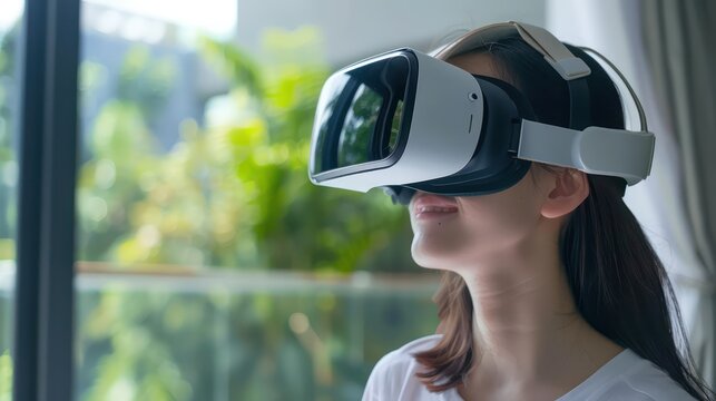 A person wearing a virtual reality (VR) headset experiencing immersive gaming or educational content enabled by 5G technology.