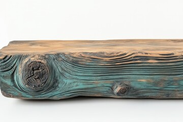 Rustic wooden plank, painted teal, horizontal surface.
