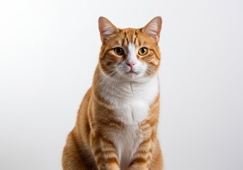 Obraz premium Portrait of an orange tabby cat sitting upright with a white background looking at the camera