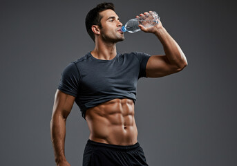 Fit white male with muscular body lifts shirt to reveal abs while drinking from a water bottle, demonstrating fitness, hydration, and dedication to health in a studio setting
