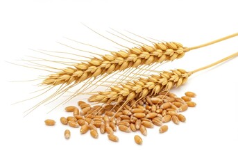 A close up of two wheat stalks with grains scattered on a white surface in a studio setting