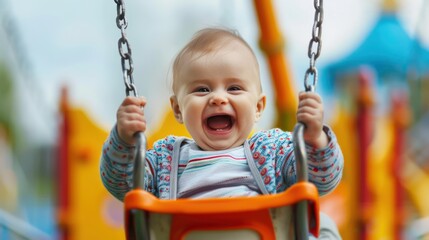 A baby sitting in a swing at the playground, kicking their legs with excitement and laughter as they soar through the air.