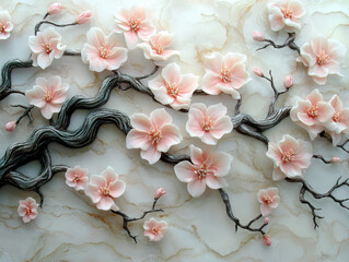 Delicate pink cherry blossoms bloom on twisted branches against marble like background, creating elegant and serene floral composition. soft colors and intricate details evoke sense of tranquility