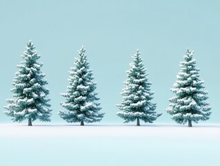 Obraz premium Serene Winter Scene Featuring Four Snow Covered Christmas Trees Against a Soft Blue Background Capturing the Holiday Spirit in a Minimalist Style with a Low Angle