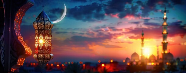 Intricately designed lantern glowing warmly at dusk with crescent moon in sky and distant mosque minarets silhouetted against vibrant sunset clouds