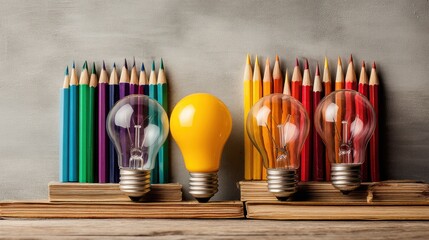 Creative ideas, colorful pencils and light bulbs
