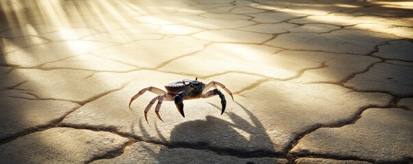 Crab on cracked pavement in sunlight